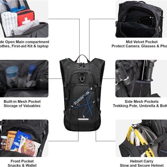 EVERFUN Hydration Backpack W/ Water Bladder 2L Insulated/Lightweight Black - Picture 4 of 10